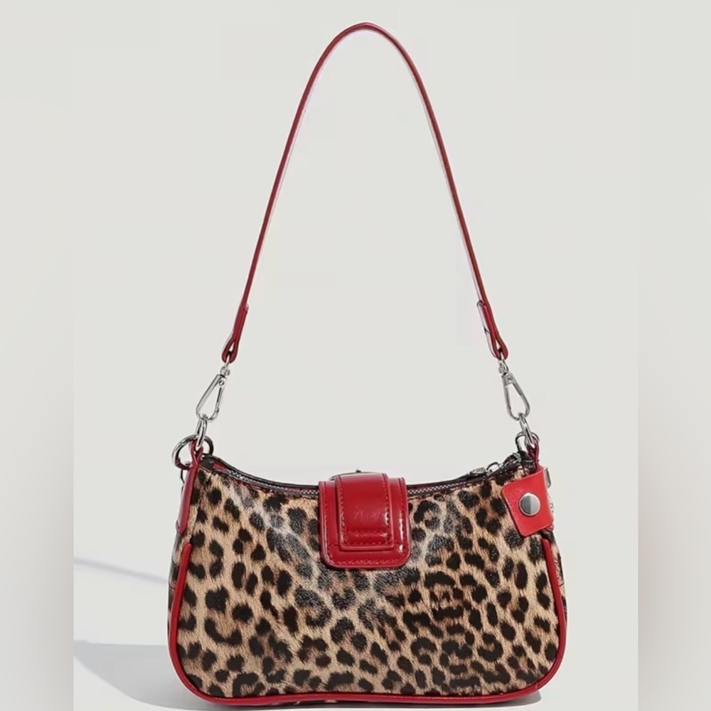 Y2K Leopard Print Shoulder Bag Red Studded Chain Punk Grunge Purse - NEW - Picture 8 of 9
